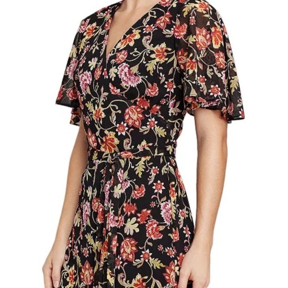 Lauren Ralph Lauren Black Floral Flutter Sleeve Belted Faux Wrap Midi Dress SZ 0